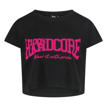 100_procent_hardcore_damen_t-shirt_essential_cropped-schwarz-pink_vorne
